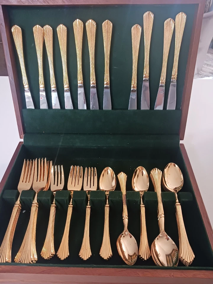 Cubiertos de acero inoxidable enchapados en oro con patrón KANU Japón para servir 12 piezas EP SS Box Inc Foto 4 de 4