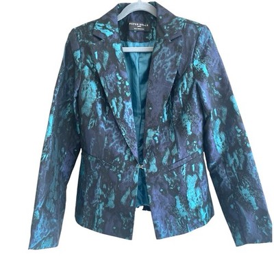 Paper Dolls London Damen Smart Blazer Blau Grün Muster Jacke Größe 10 EU38