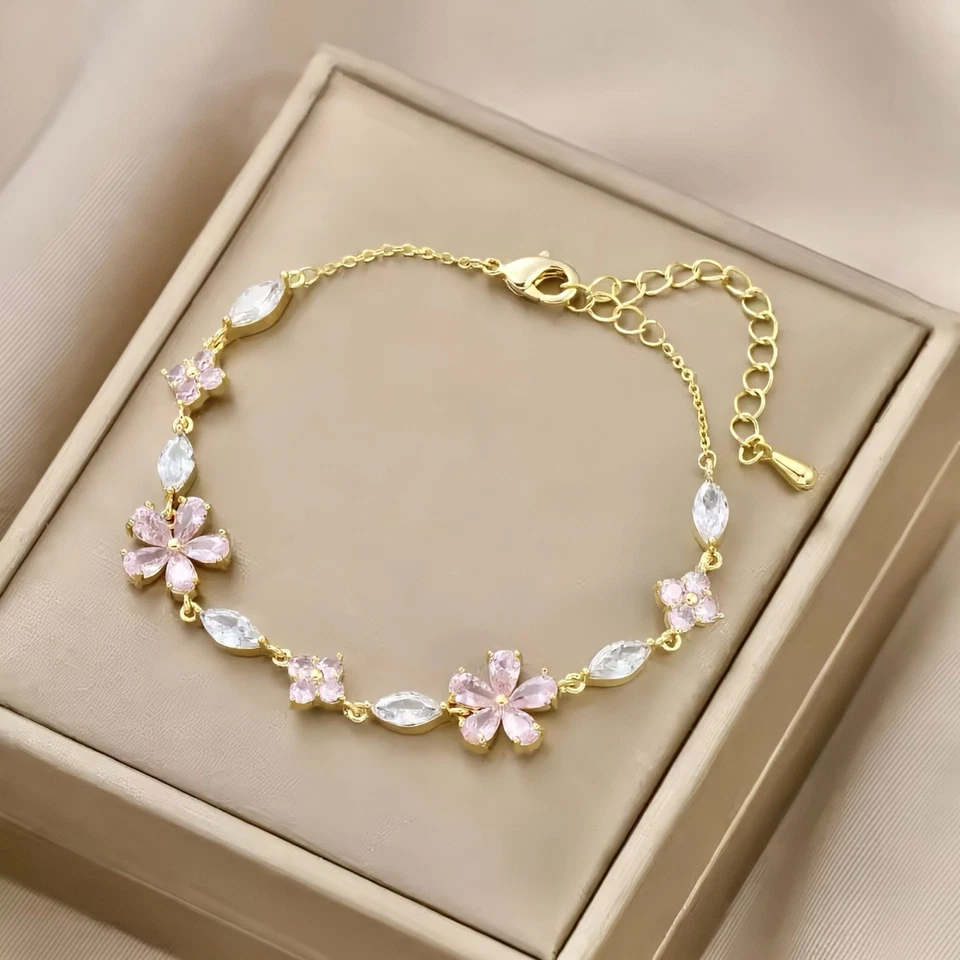 Blumen Armband Gold – Zirkonia, verstellbar 16–21 cm, Damen Geschenk - Bild 4 von 4