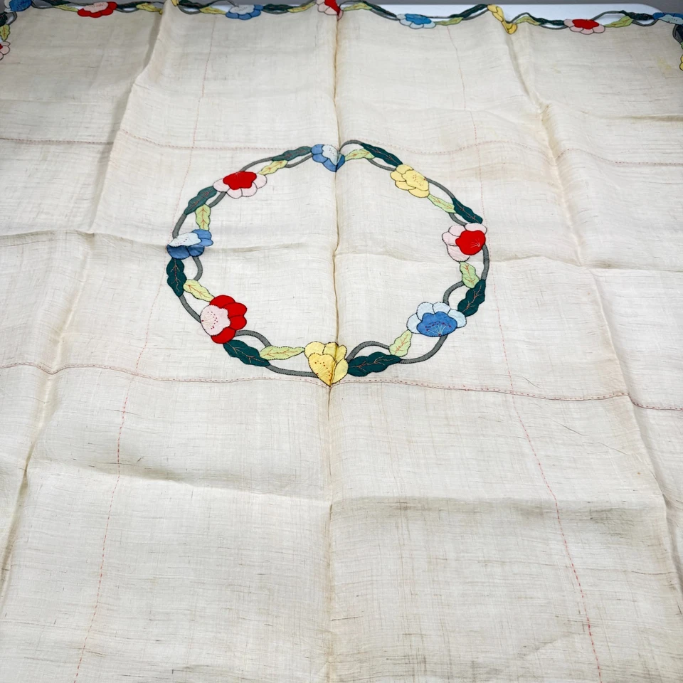 vintage embroidered tablecloth floral wreath 50" square mcm retro 70s 50s 60s - Image 3 of 4
