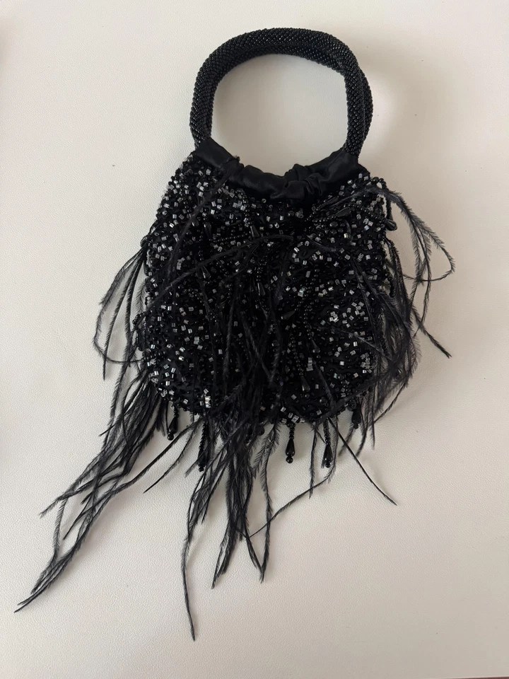 La Regale бисером вечерняя сумка женщин один размер черный перо бахрома сумочка вечеринки - Изображение 2 из 4