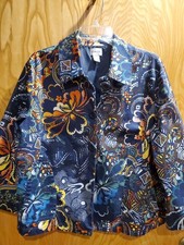 Chico's Size 2 L  Navy Blue  Multi Color Stretch Twill Long Sleeve Jacket