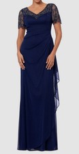 XSCAPE Women Blue Beaded Scallop-Sleeve Cascading Dress Petite Size 4P