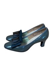 Heiress Vintage Womens Patent Leather Gray Heeled Pumps With Bow Size 6 Narrow