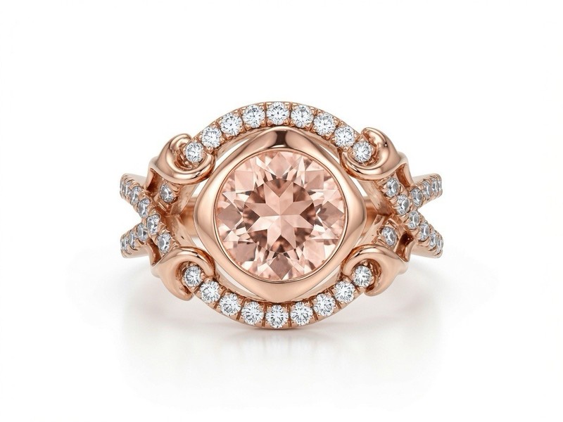 Morganite & Diamond Halo Engagement Ring 14K Rose Gold Round Size 4.25 Handmade