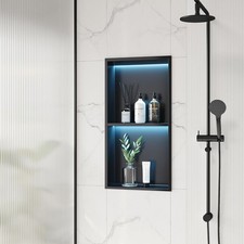 2-Tiers 12x24 Wall Niche with RGB LED Light Strips, Matte Black Shower Niche Cab