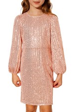 Girl's Bodycon Sequin Dress Long Sleeve Midi Pink Gold 7-8 Years  Party