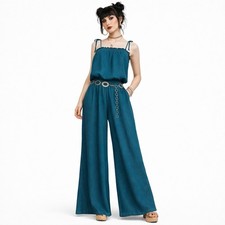 Vintage 1970s Teal Cotton Wide Leg Boho Palazzo Jumpsuit Size S
