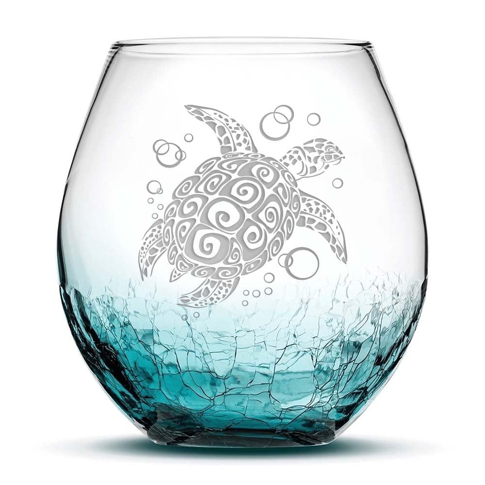 Tribal Sea Turtle Design Stemless Wine Glass, Handmade, Handblown, Hand Etche...