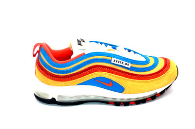 Nike Air Max 97 SE  DH1085-700 POLLEN/ORANGE LT-PHOTO BLUE MENS RUNNING SHOE 9.5
