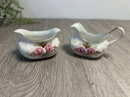 Vintage EW Princess China Floral Gold Trim Miniature Creamer & Sugar Bowl Set