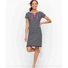 T by Talbots Striped Short Dress Women Size LP Blue Terry Cotton Short Sleeve