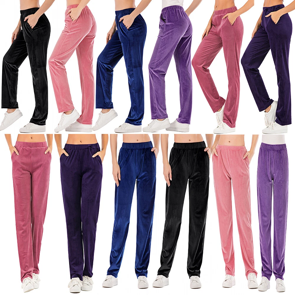 US Women Velvet Track Long Pants Warm Casual Pockets Trouser Elastic Waist  S-2XL