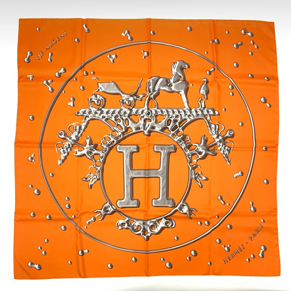 Hermes Carres90 Vif Argent Silver Drop Orange Silk Scarf With Box