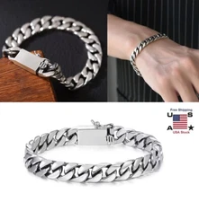 Pop Silver Mens Bracelet Heavy Thick Cuban Link Chain Fashion Xmas Men Gift US