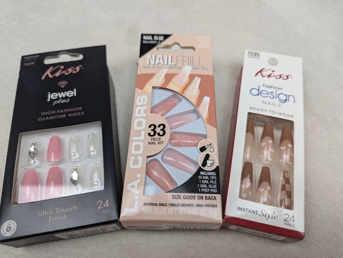 Set of 3 NIB! Artificial Nails Frill Kiss Ultra Smooth Jewel Plus 1 Kit w/Glue - Imagen 14 de 14