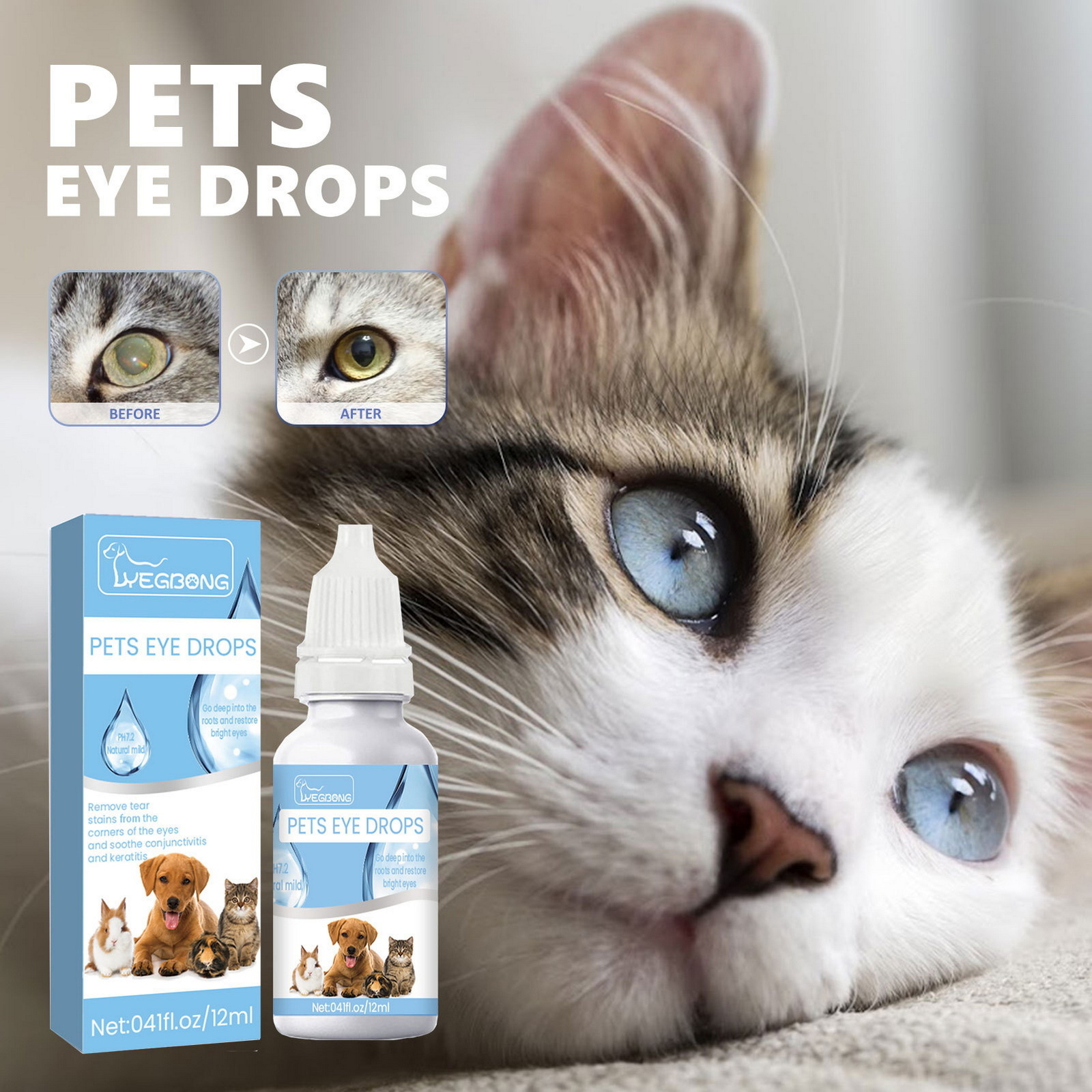 Safe Pet Eye Drops Non-irritating Effective for Cats Dogs Remove Tear Marks