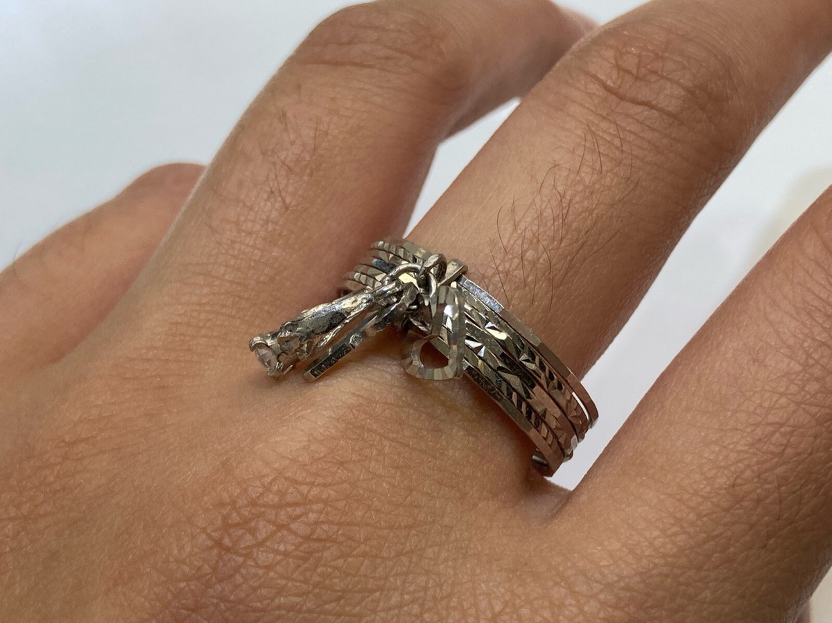18k White Gold Diamond Cut 7 Day Band Dangling Charm Ring Size 10 