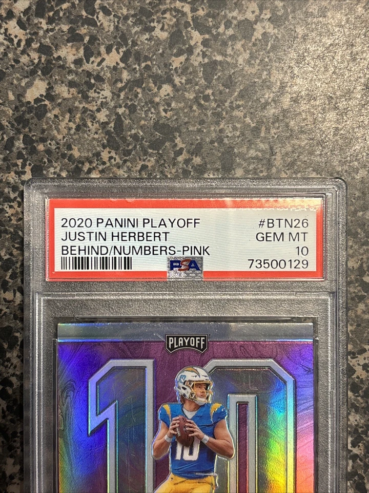 2020 PLAYOFF JUSTIN HERBERT BEHIND THE NUMBERS PINK PRIZM RC ROOKIE - PSA 10 - Image 2 of 4