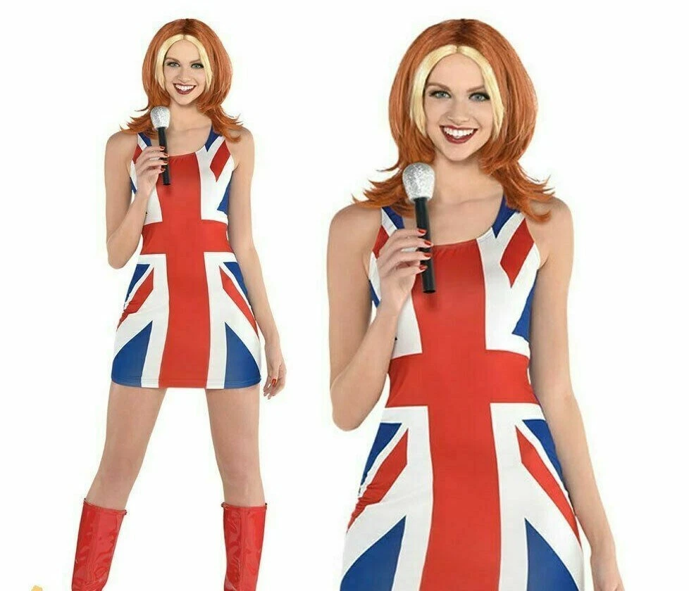 Ladies Union Jack Ginger Spice Girls Costume Geri Red Hot 90s Fancy Dress Outfit