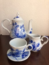 Vintage Style Blue White Mini Miniature Tea porcelain Set 3 pc Cup Handle Crack