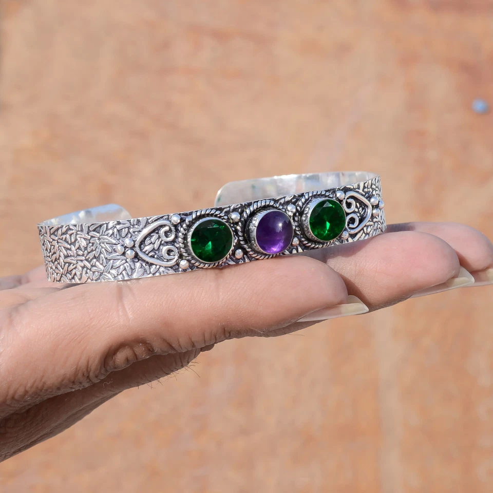 Браслет-манжета из стерлингового серебра 925 пробы с хромированным диопсидом и аметистом для девочек - Изображение 3 из 4