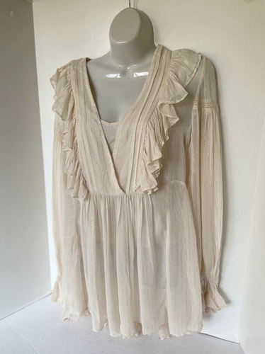 Anthropologie Ruffle Tunic Top Womens 0 Ivory V-Neck Long Sleeve Fairycore - Picture 4 of 15