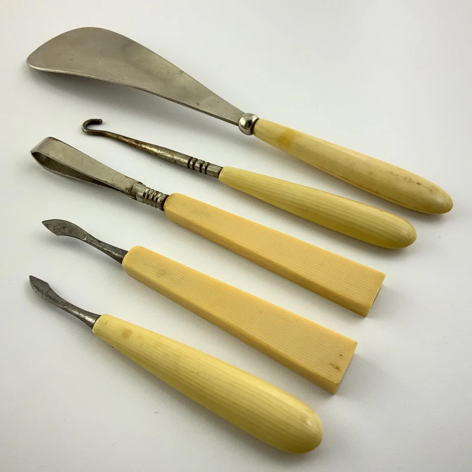 French Ivory Sewing Tools Button Hook Vanity Set Antique Celluloid Handle DD137 - Image 4 of 4