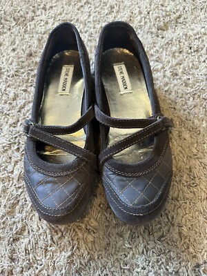 Steve Madden Womens Ricky Brown Shoes Quilted Fabric Slip On Mary Janes  Size