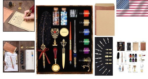 Elegant Calligraphy Pen Set: Glass Dip and Feather Pens with Wax Seal Essentials - Picture 2 of 9