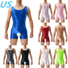Mens Nylon Glossy Sleeveless Bodysuit Crotchless Leotard Jumpsuit Swimsuit