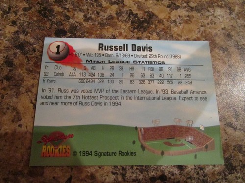 1994 SIGNATURE ROOKIES BASEBALL # 1 RUSS DAVIS AUTOGRAPHED CARD - Picture 2 of 2