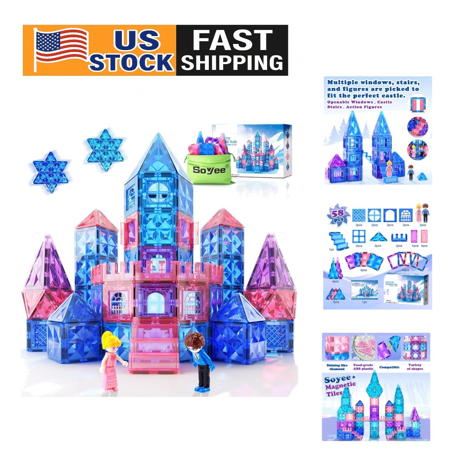 Diamond Magnetic Building Blocks - 58-Piece Princess Play Set for Kids 3-8