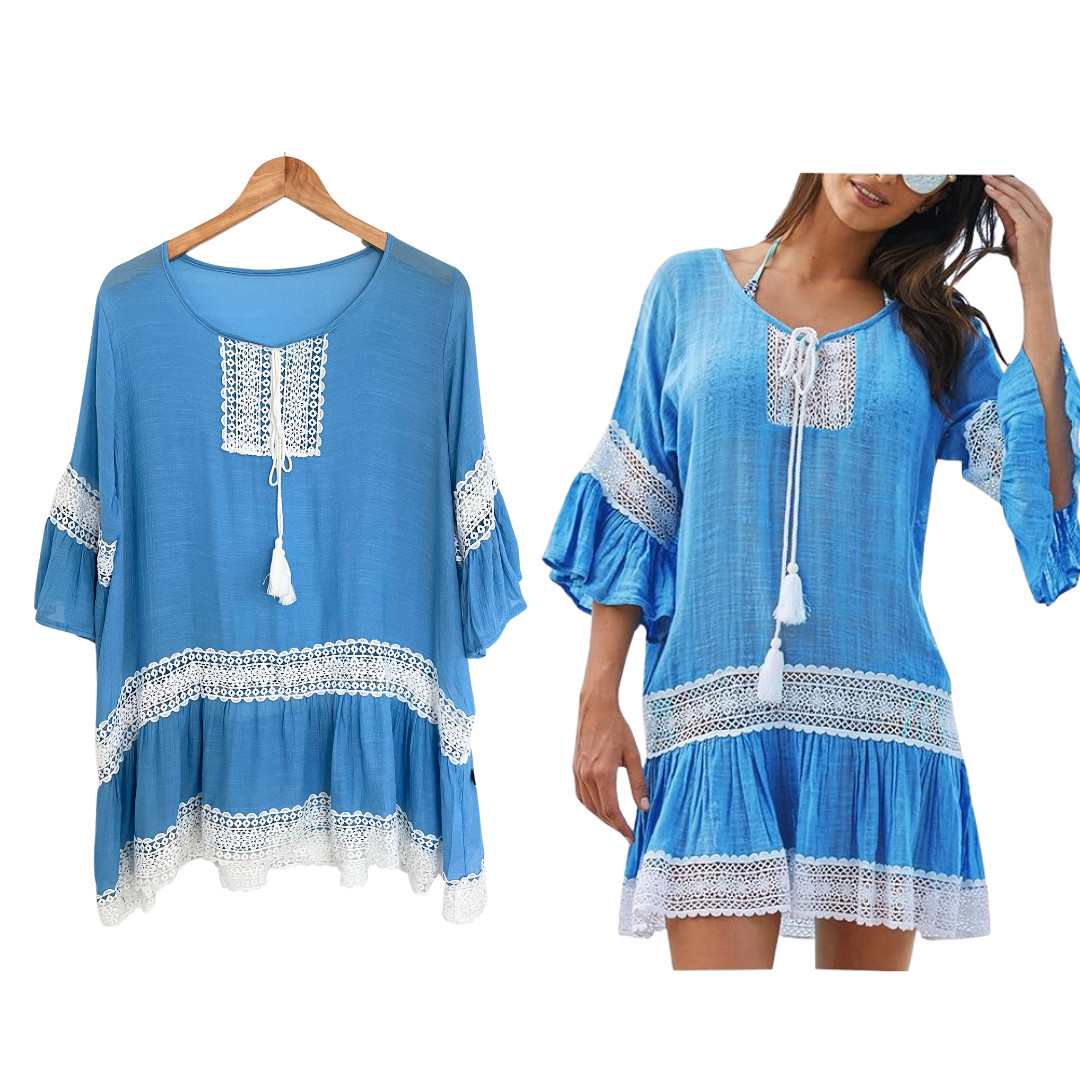 Traje de baño Wander Agio encubrimiento para mujer pequeño mediano vestido azul blanco playa Amazon