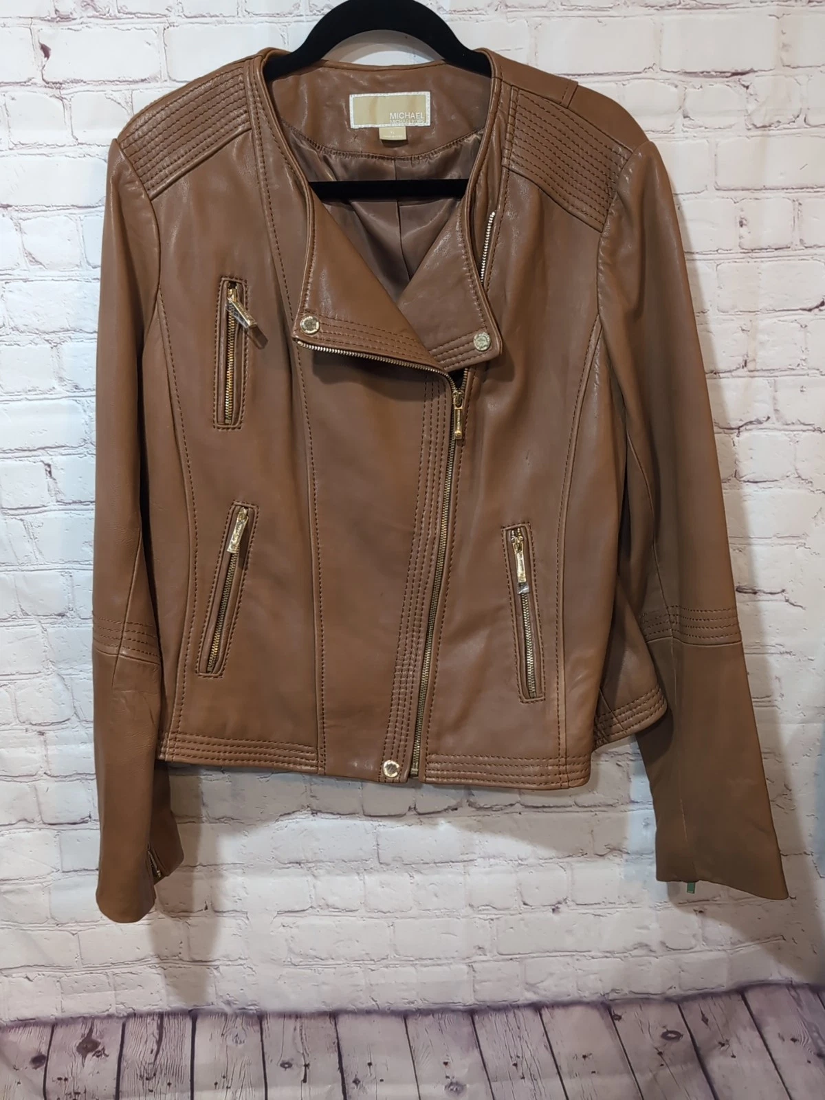 Giacca Moto Michael Kors Donna Pelle Marrone XL Cerniere Oro 100% Pelle Nuova senza etichette