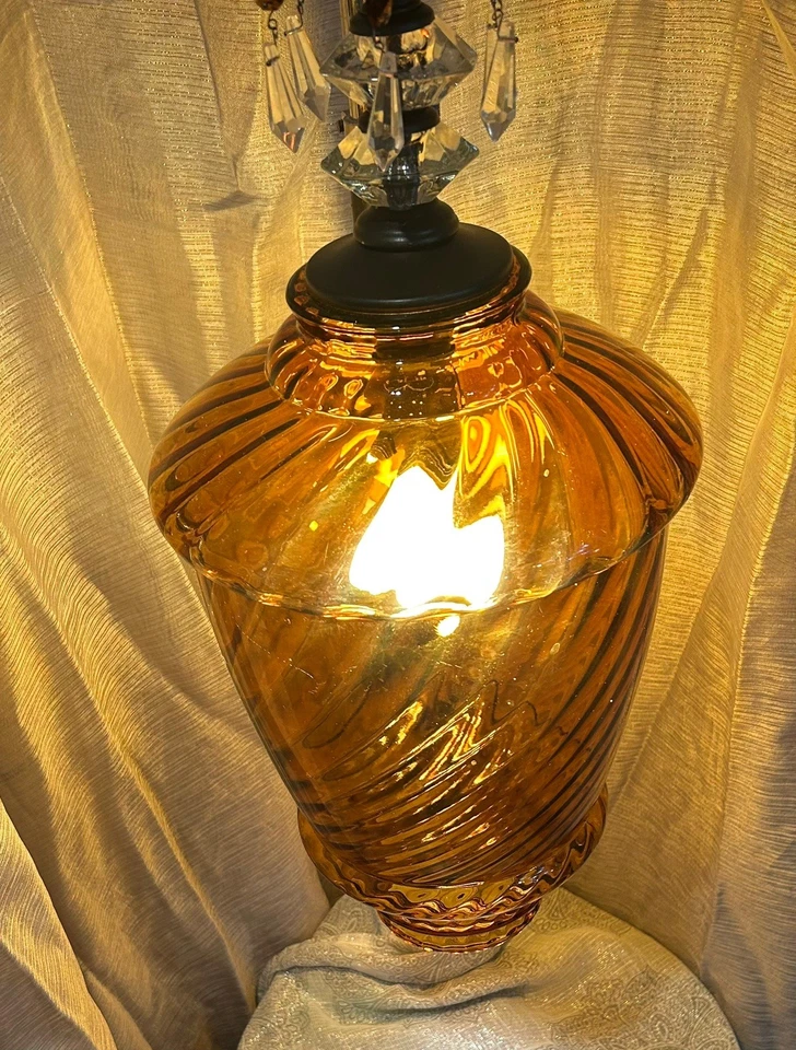 Vintage Amber Swag Lamp With Hanging Crystals. Rewired. - Image 2 of 4