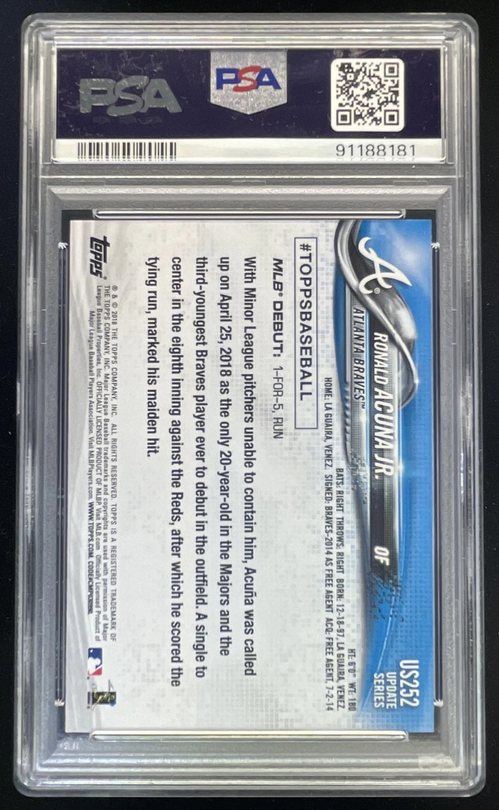 2018 Topps Update #US252 Ronald Acuna Jr. RC PSA 10 view 2