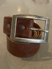 Vintage Leather Belt   Tooled Western Design   Distressed Buckle