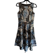 Tahari Arthur S Levine Blue Floral Metallic Jacquard Fit Flare Cocktail Dress