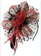 Red/Black Feather Mesh Fascinator Hat Clip/Band Wedding Tea Cocktail Party