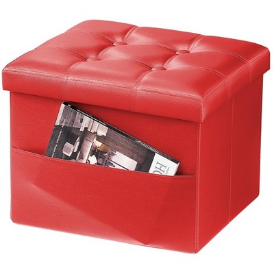 Red Storage Ottoman Folding Foot Rest Stool With Side Pocket 16 Inch Leather Foo