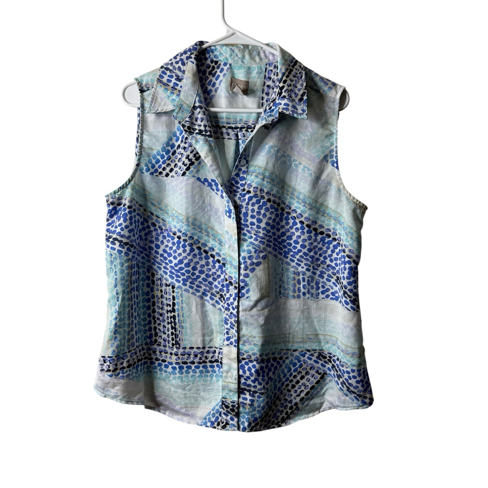 Chicos Blue Patterned Button Front Sleeveless Col… - image 1