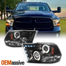 Fits 09-18 Ram 1500 10-18 Ram 2500/3500 Black Bezel Halo Projector Headlights