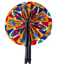 African Print Folding Fan with Leather-Wrapped Handle, Multicolored Designs