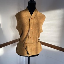 Vintage Gold Belted Sweater Vest Button Front Cozy 100 Shetland Wool M Cottage