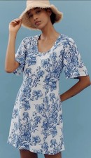 Anthropologie Porridge Floral Print Mini Dress Size  Linen Blend Blue White $148