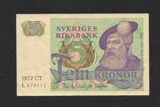 1972 SWEDEN 5 Kronor Vasa Banknote UNC