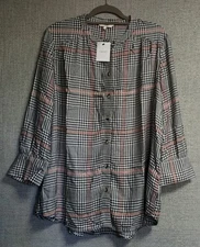 Next Womens Long Sleeve Checked Shirt Blouse Without Collar, Plus Size: 18/46