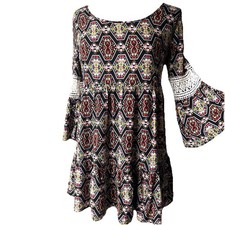 Entro Babydoll Dress S Floral BOHO Bohemian Black Red Crochet Lace Sleeve Detail