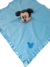 Disney Baby Mickey Mouse Lovey Blue Security Blanket W/ Heart  Satin Trim